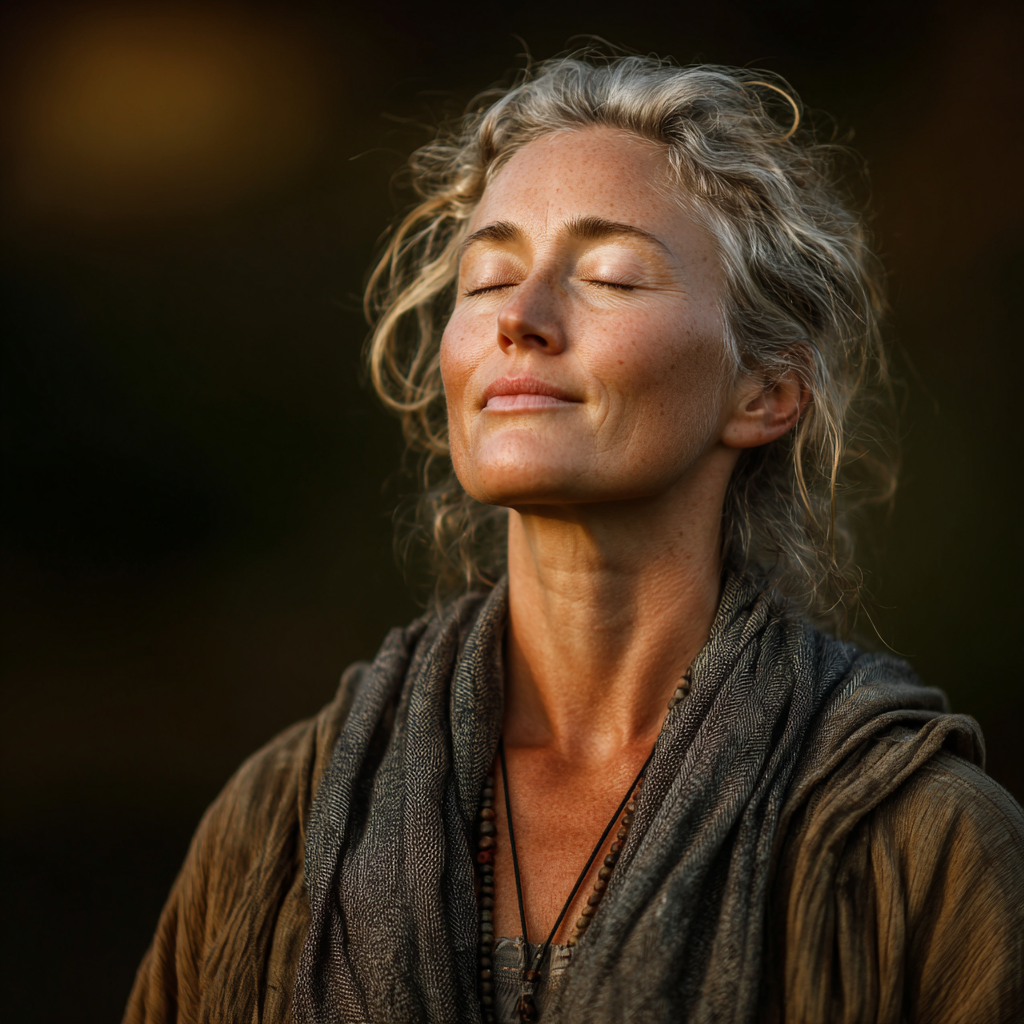 Peaceful woman in her late 40s practicing yoga meditation in a serene natural setting with soft morning light